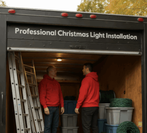 Holiday lighting installer in a red shirt preparing equipment at an open work van