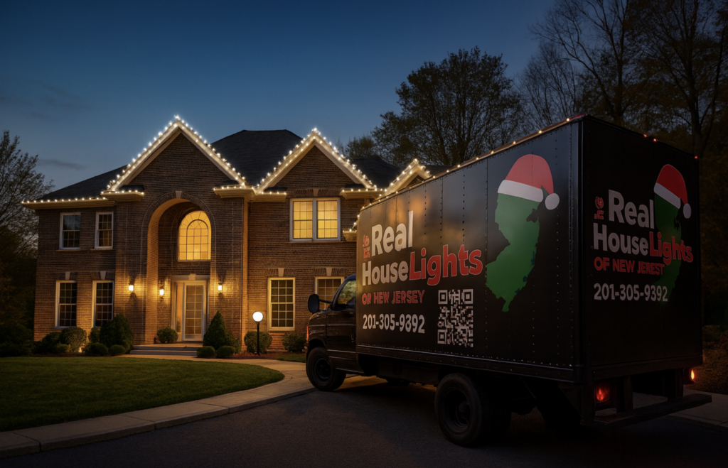 A home outlined with warm white Christmas lights beside a holiday lighting installation trailer