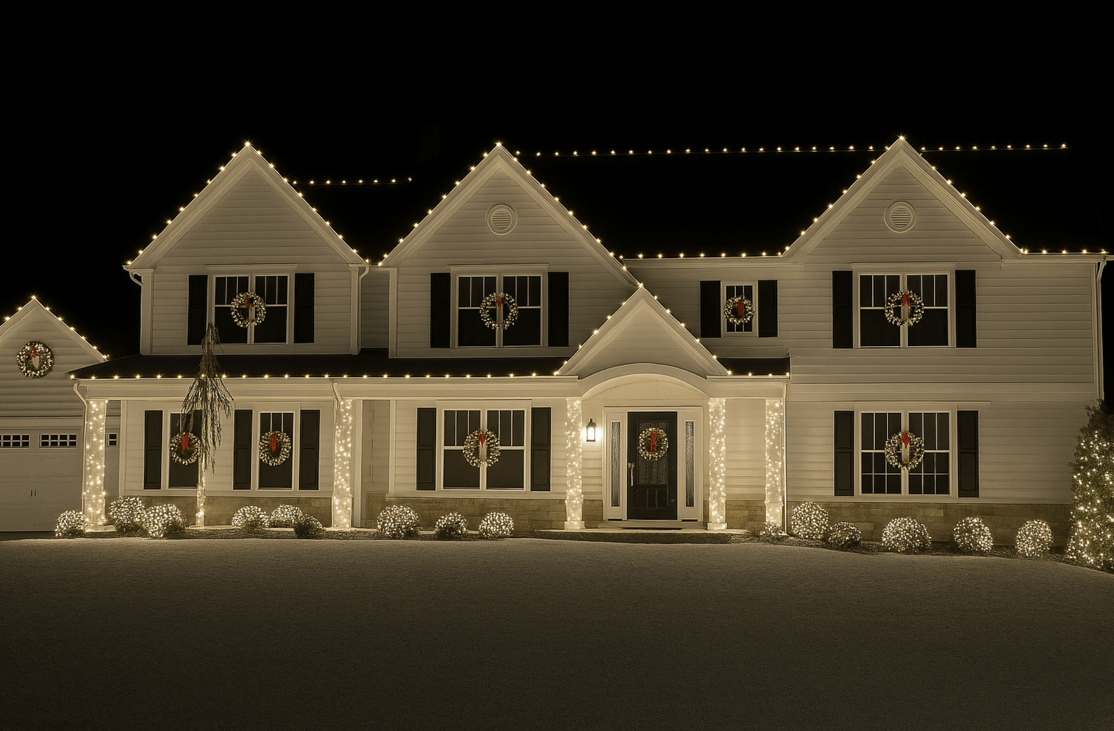 The same two story home at night with warm white Christmas lights outlining its roof