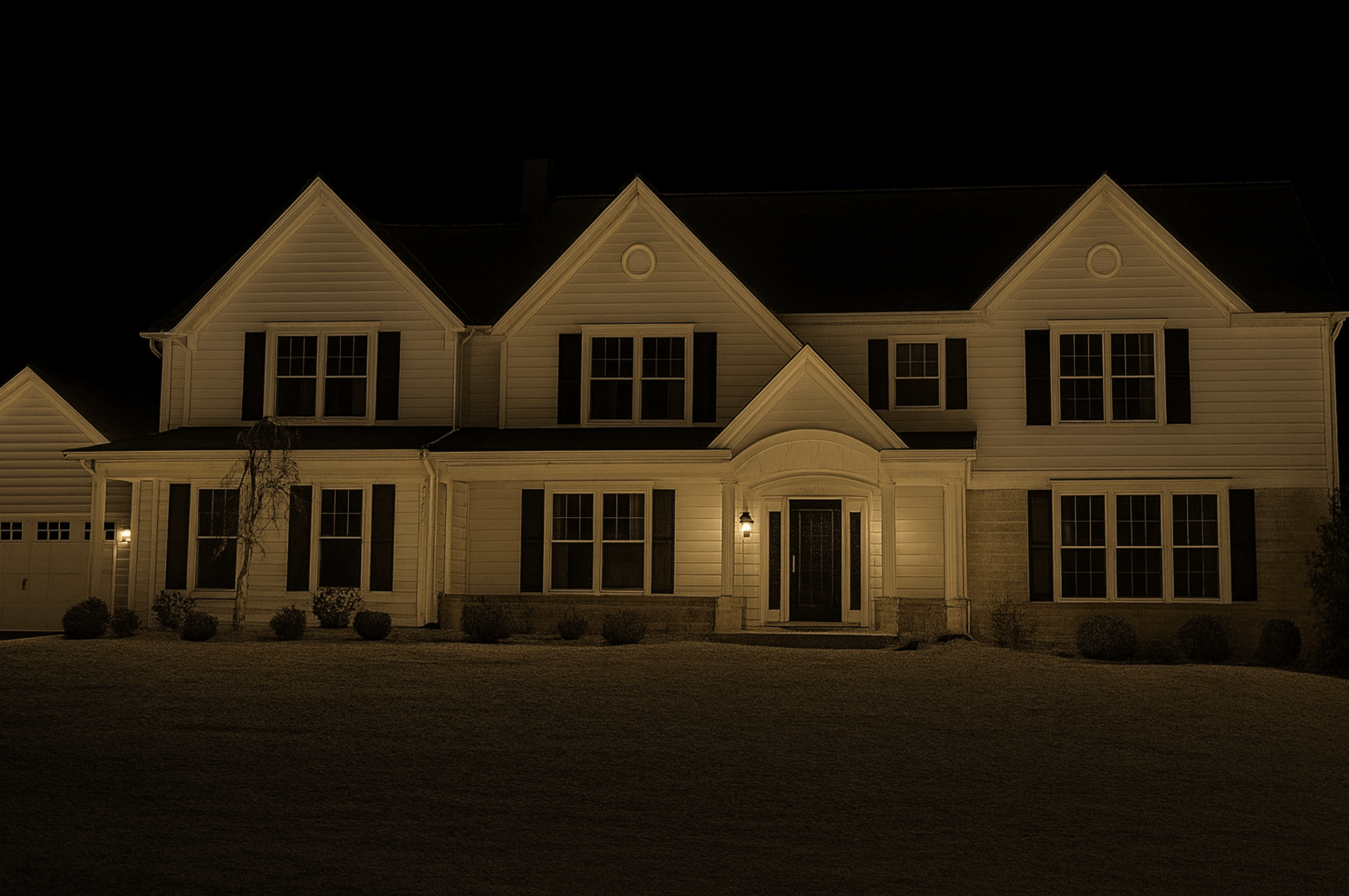 Front of a two story home at night before Christmas roofline lights are added