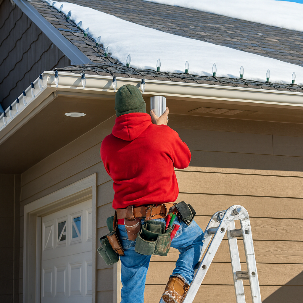 Installer in a red jacket on a ladder attaching Christmas lights along a roofline