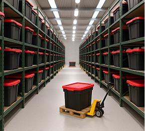 Rows of storage shelving with bins in a warehouse