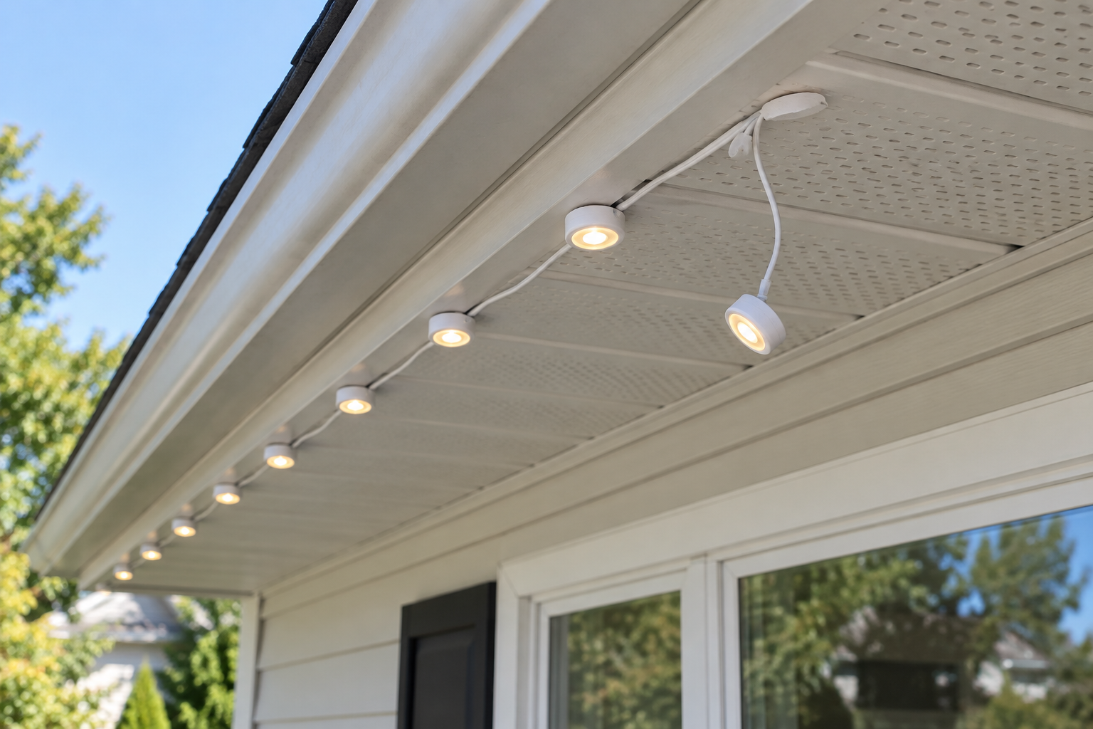Adhesive-mounted puck lights with visible wiring and a loose light