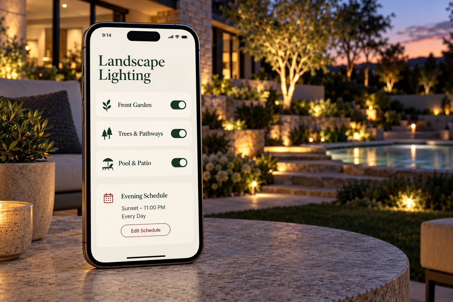 An iPhone showing simple landscape lighting zones and a sunset-to-11-PM schedule