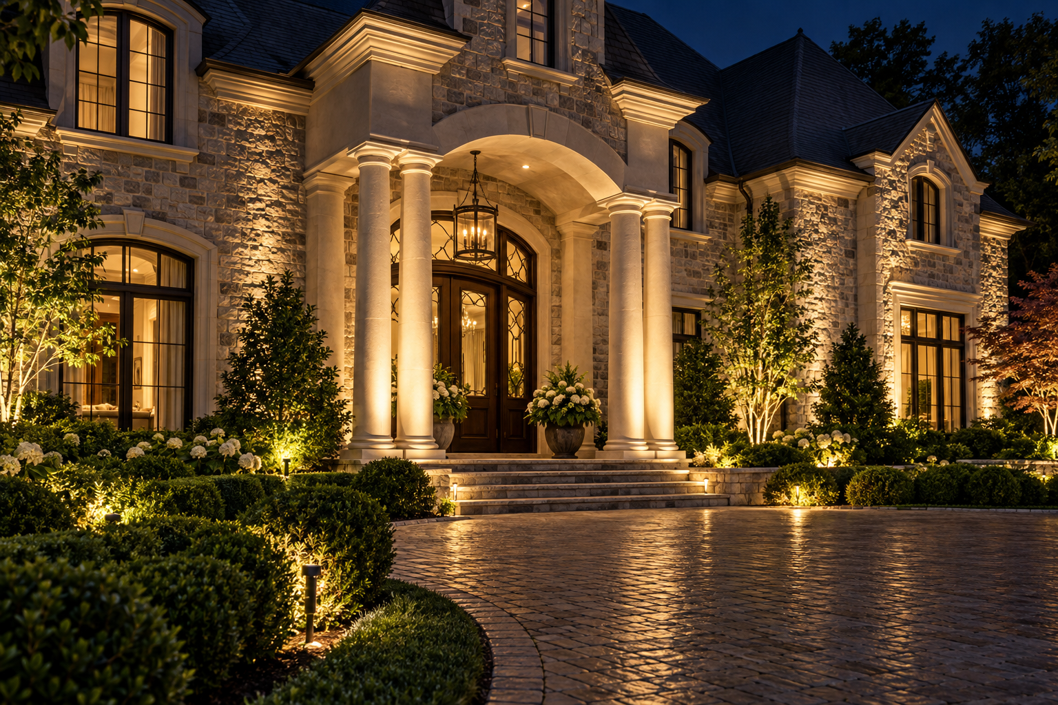 Warm architectural uplights highlighting columns and a soft wall wash across stonework