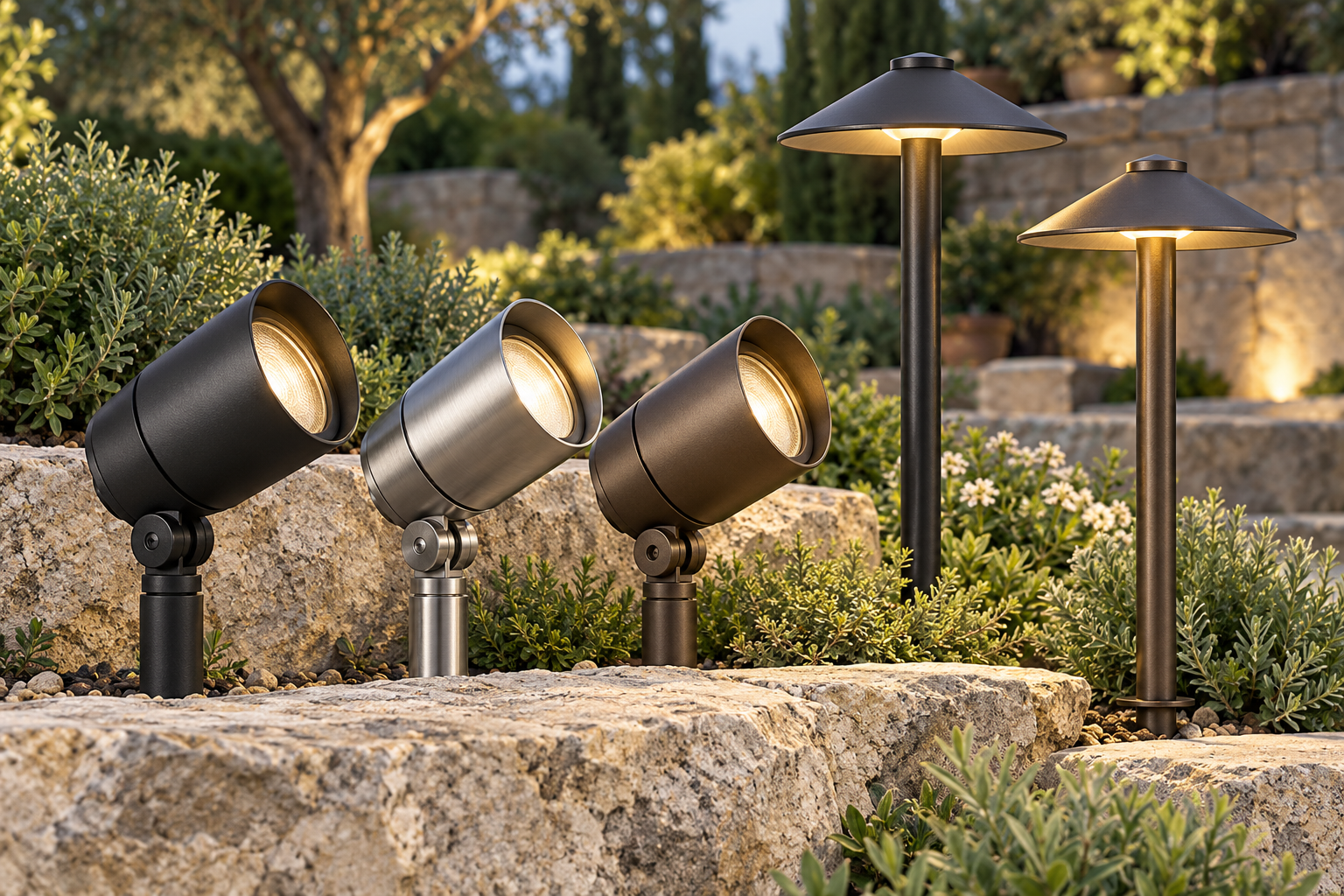 Substantial metal landscape spotlights and path lights in black, silver and bronze finishes