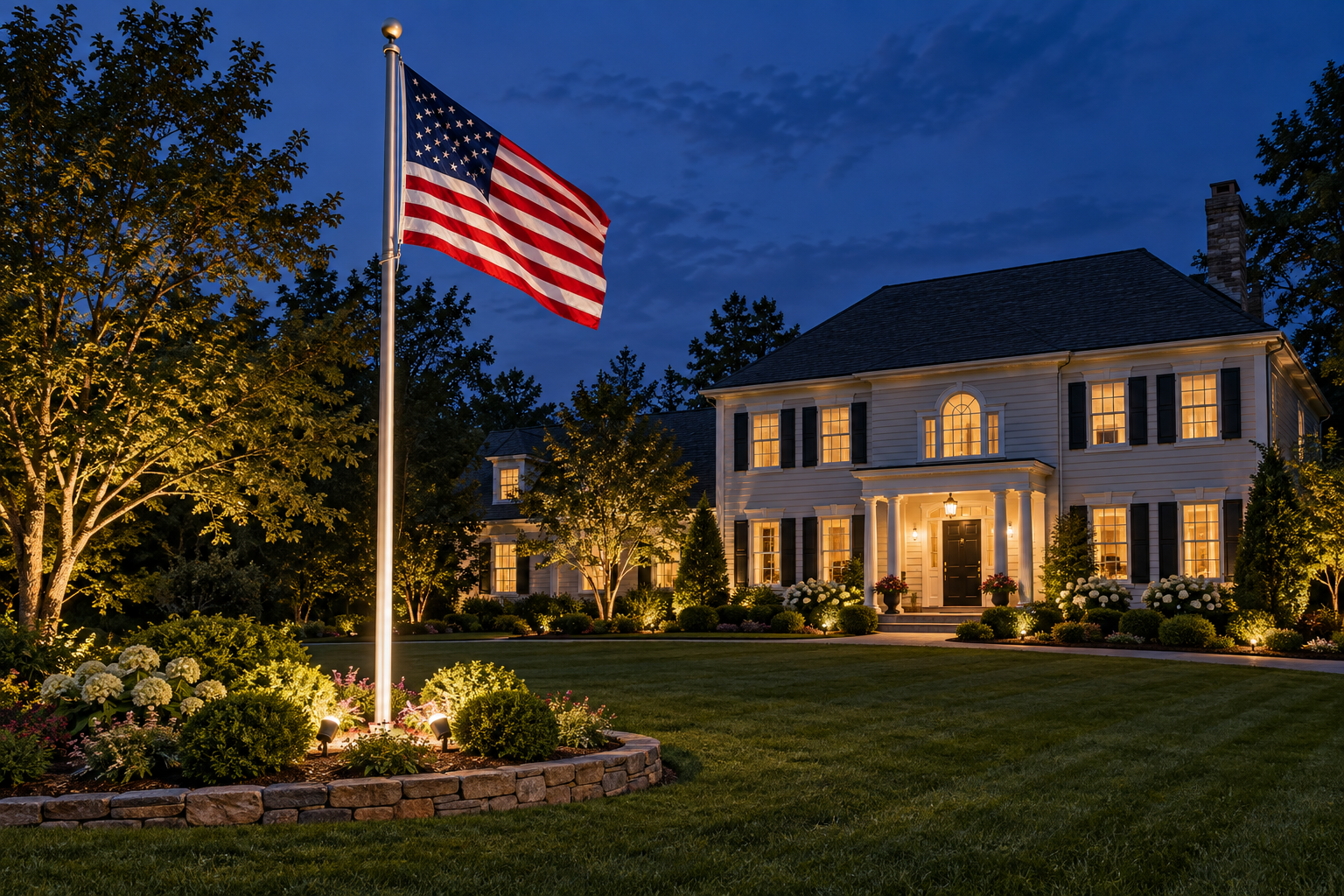 An American flag on a residential flagpole illuminated by dedicated fixtures at the base