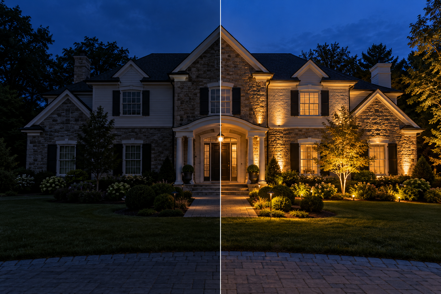 One home divided evenly: minimal exterior lighting on the left, warm landscape lighting across the architecture and gardens on the right