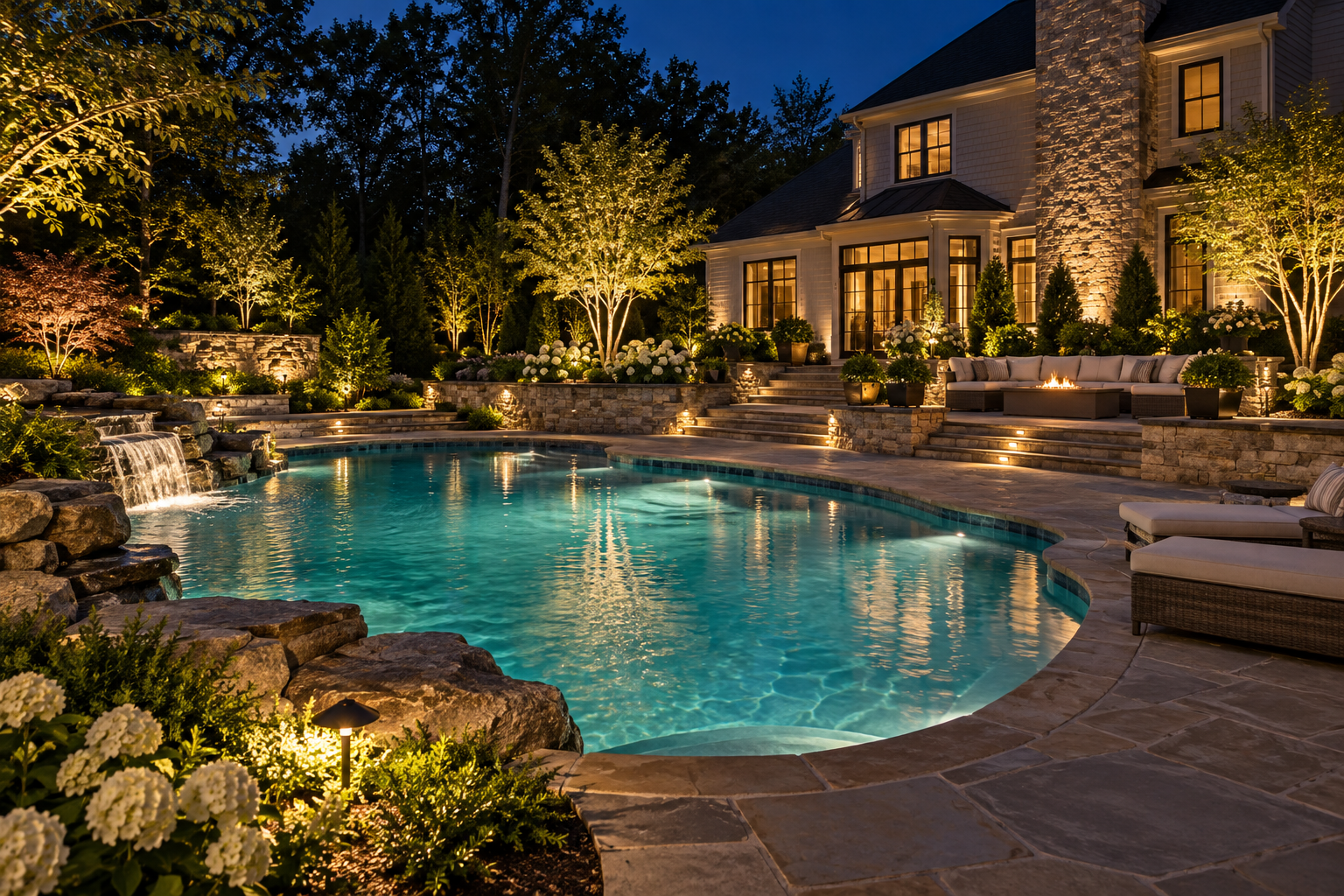 Warm landscape lighting around a backyard swimming pool, patio, trees and steps