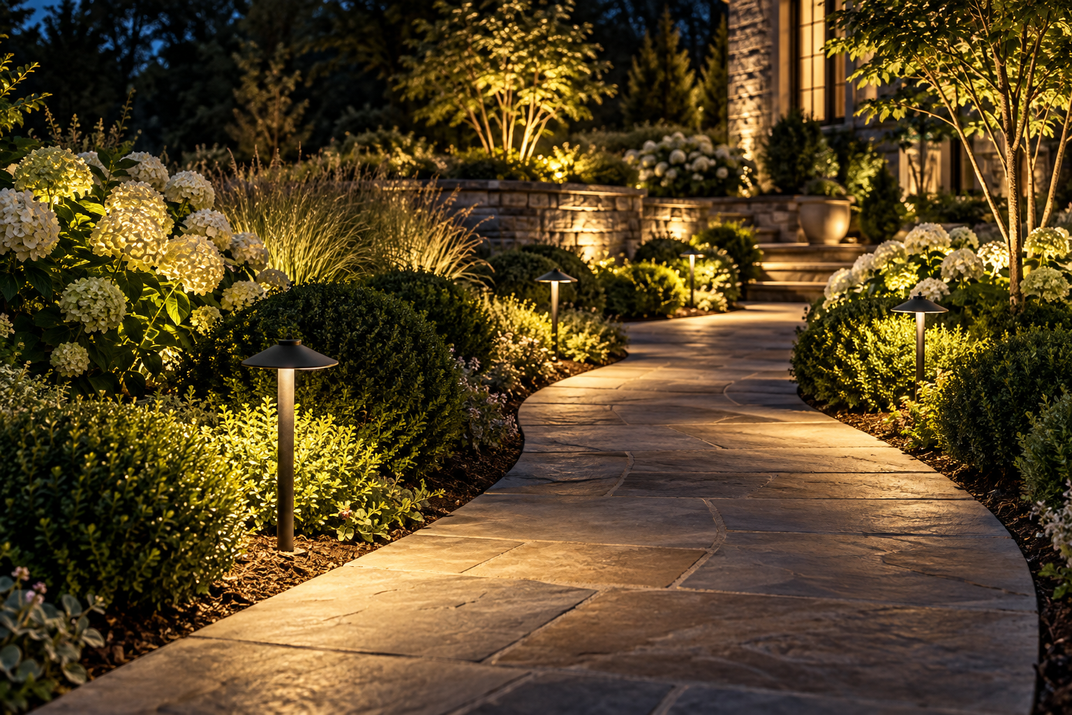 Warm path lighting beside boxwood shrubs, hydrangeas and a stone garden walkway