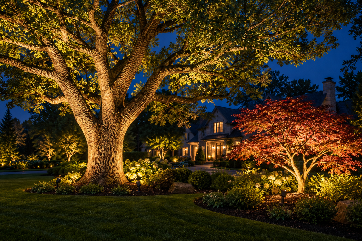 Ground-mounted warm white uplights illuminating a mature oak and Japanese maple