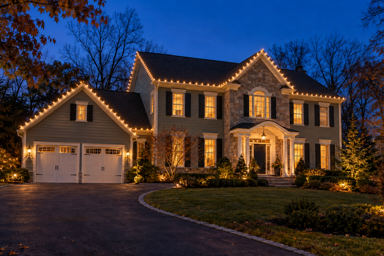 Bronze holiday lighting design rendering on the same example home