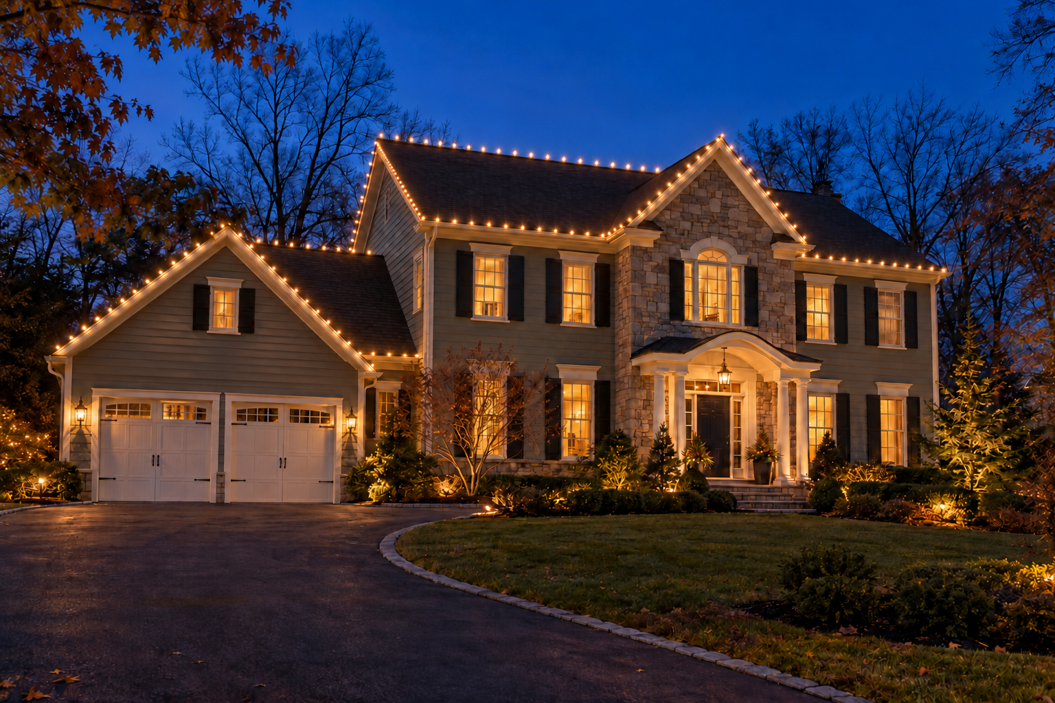 Silver holiday lighting design rendering on the same example home