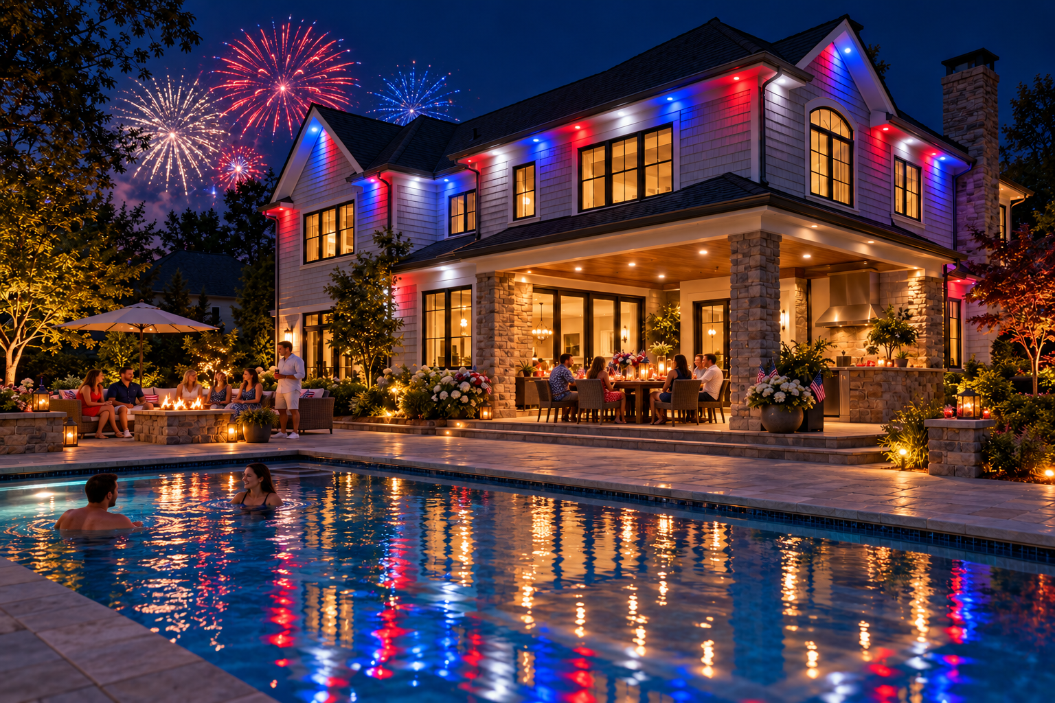 a Fourth of July pool party behind a home with red white and blue permanent roofline lights and distant fireworks