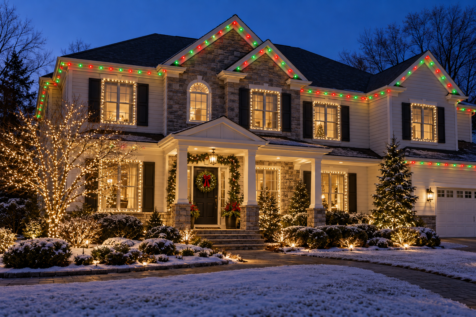A home illuminated with festive roofline and landscape lighting
