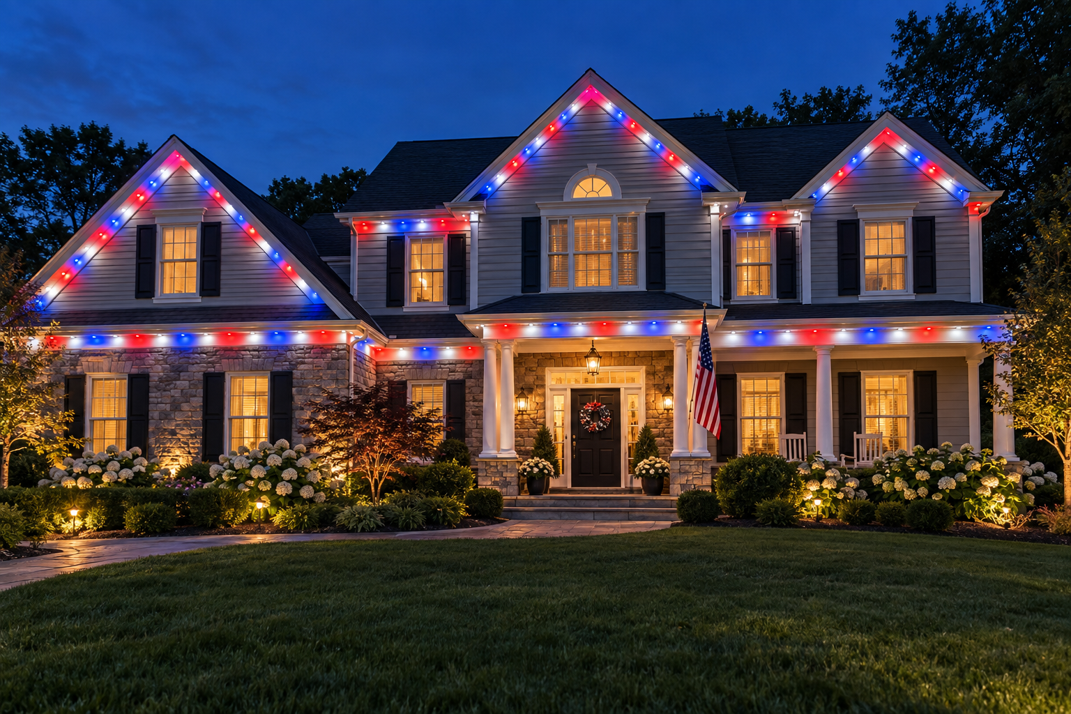 Home red white and blue permanent lighting for Fourth of July