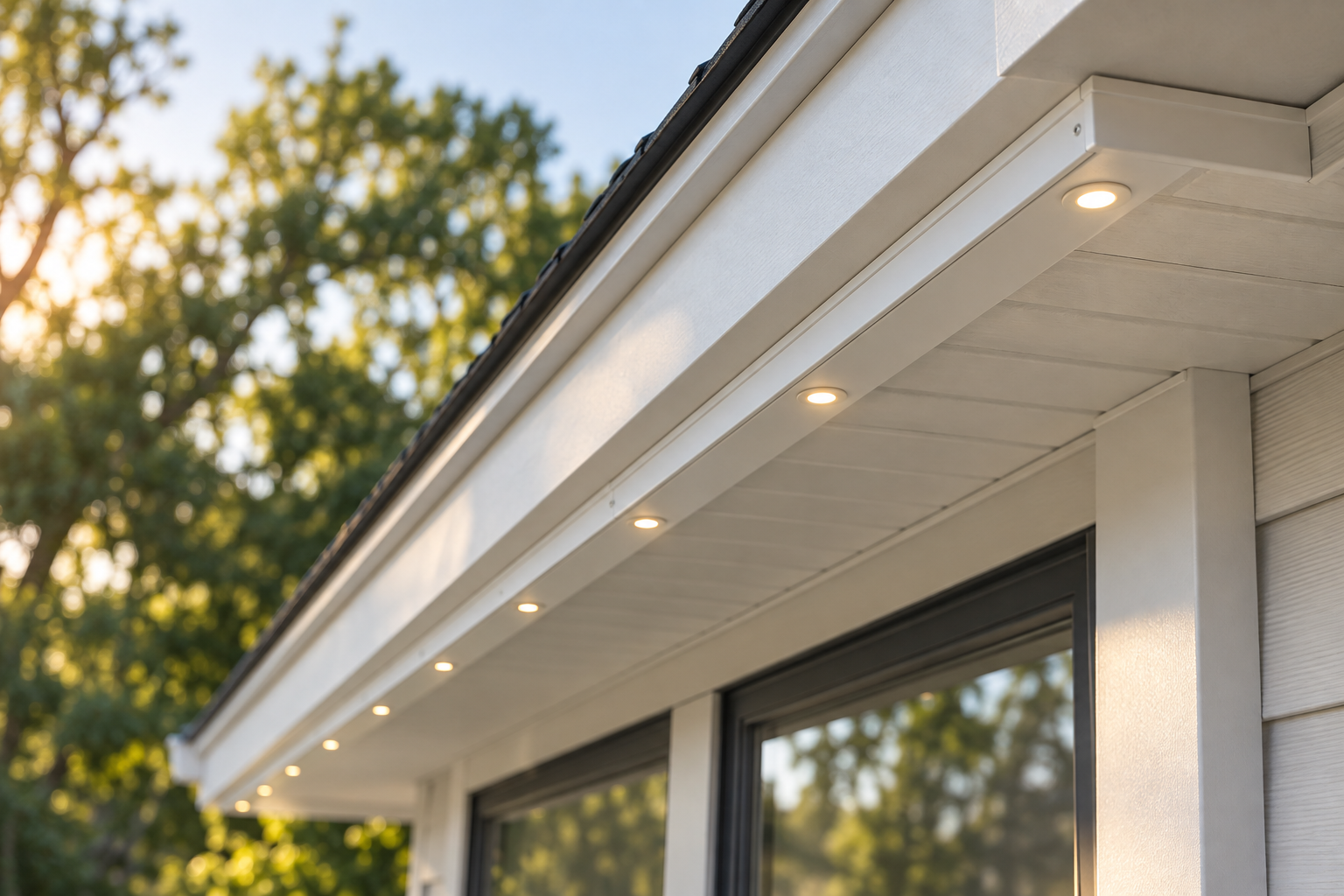 discreet permanent lights in aluminum track beneath a home's soffit