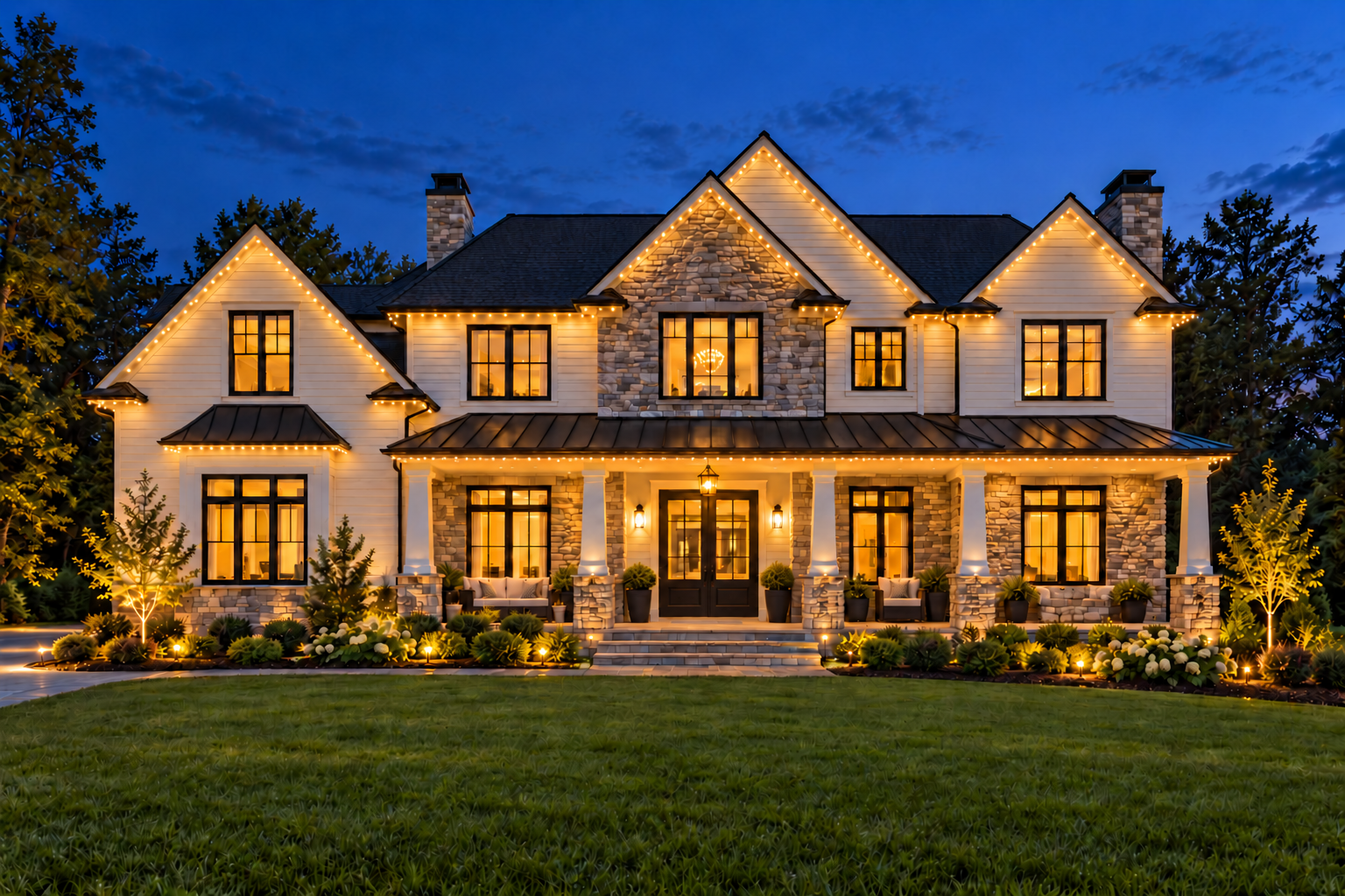 Warm white exterior lighting highlighting the rooflines and entrance of a home