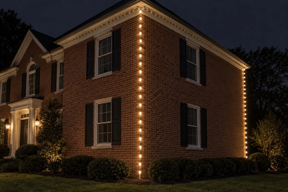 Home with warm-white holiday lights running vertically down its exterior corner edges