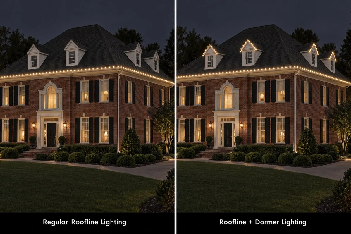 Same house shown with a standard roofline and with the small projecting dormer roofs additionally outlined