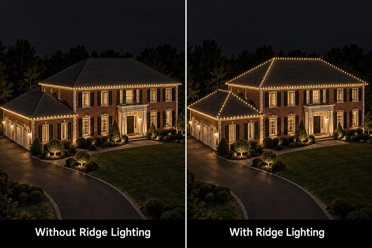 Side-by-side holiday lighting example showing the same house with its lower roof edges lit, then with roof ridges and roof hips added