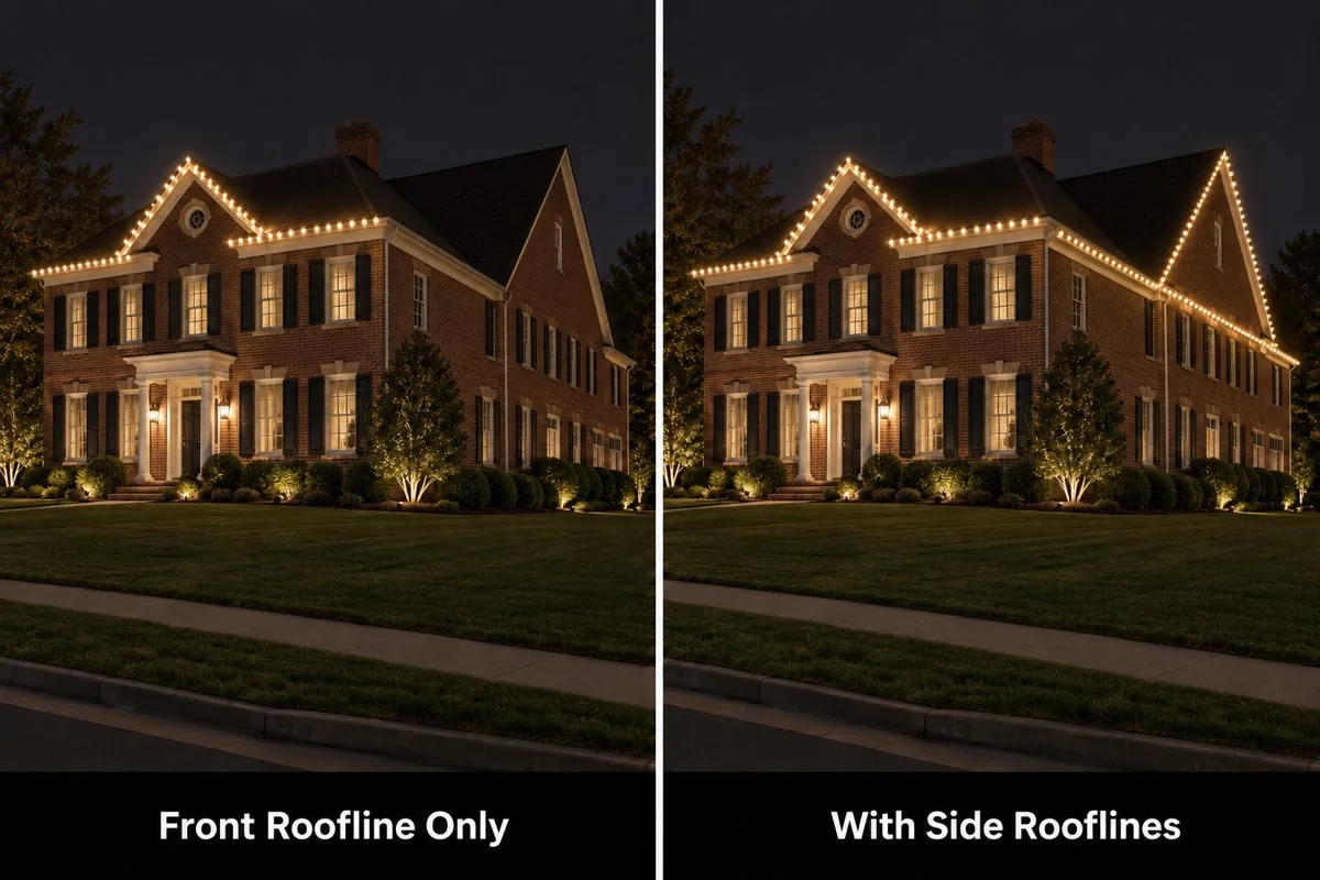 Holiday lighting add-on illustrating illumination extending from the front around the side of a house