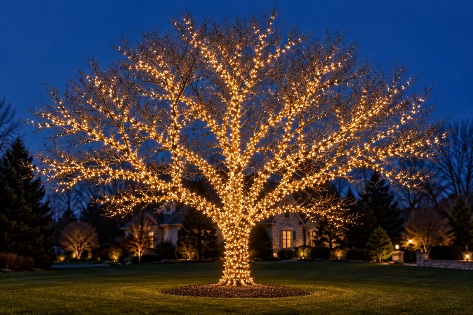 A tree with warm white holiday lights wrapped around its trunk and branches at dusk