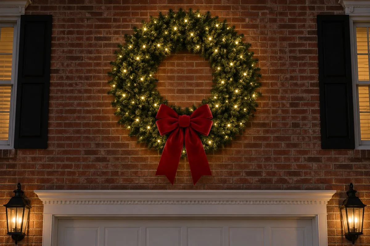 Holiday lighting design example with a wreath as an architectural focal point
