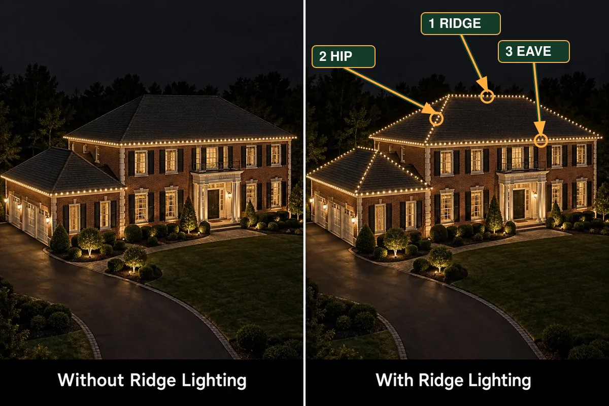 Compare The Same Roof: Left, The Upper Roof Edges Are Dark. Right, The High Horizontal Ridge (1) And Sloping Hip (2) Are Lit. The Lower Eave (3) Remains Lit In Both. This Image Compares A Roof Feature, Not Every Inclusion In A Package.