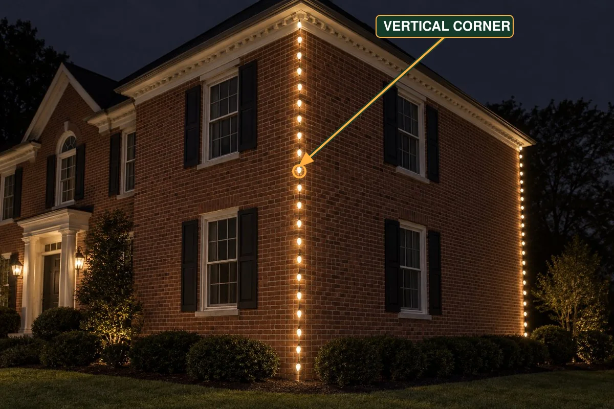 A Vertical Corner Is The Upright Outside Edge Where Two Walls Meet. Its Lights Run Down The House, Rather Than Across The Roof.