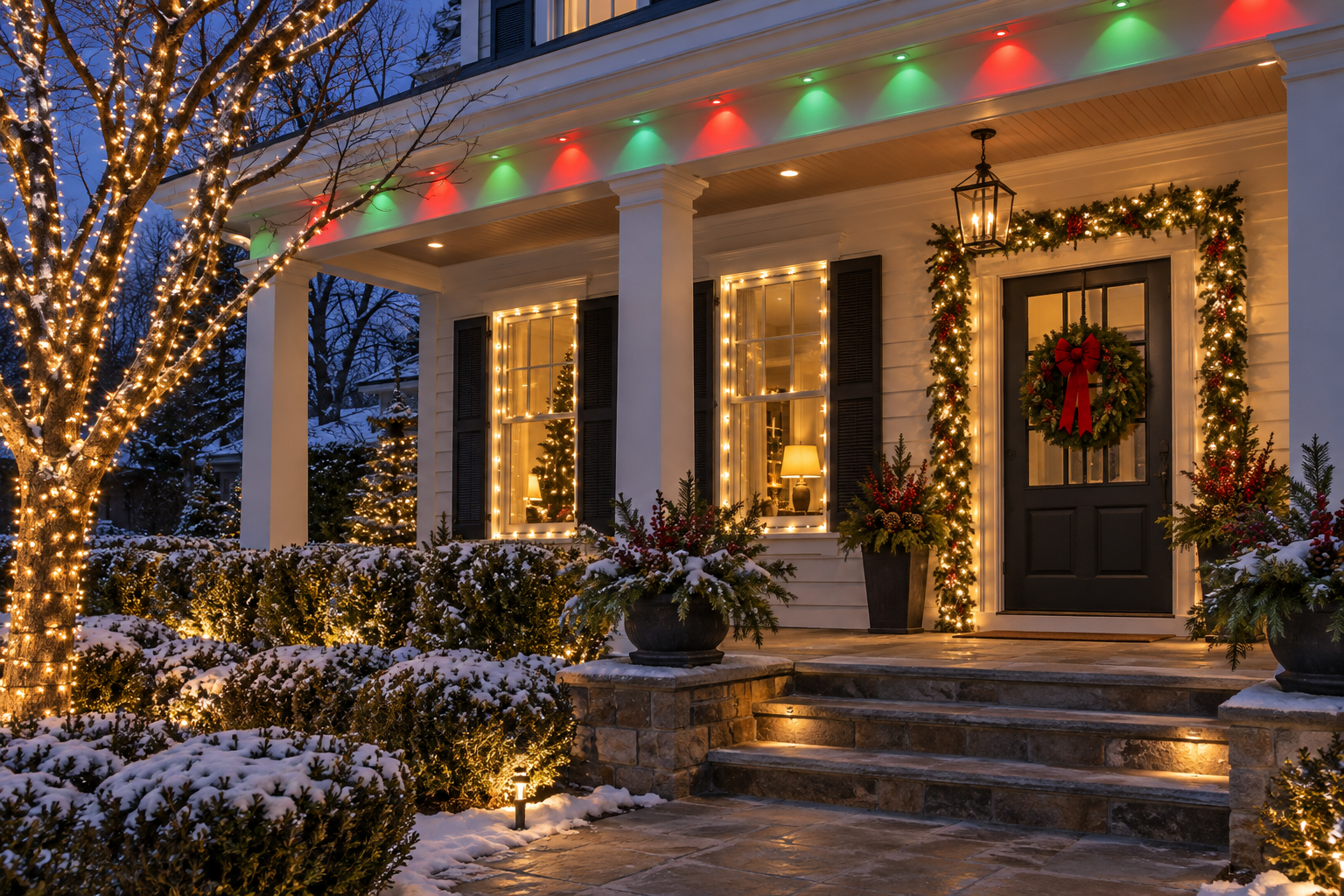 Red and green soffit lights with warm-white porch garland, window outlines and a wrapped tree