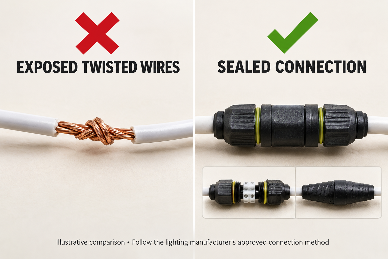 Illustrative comparison: exposed twisted copper wires marked with a red X versus a sealed outdoor connector and protective weatherproof wrap marked with a green check