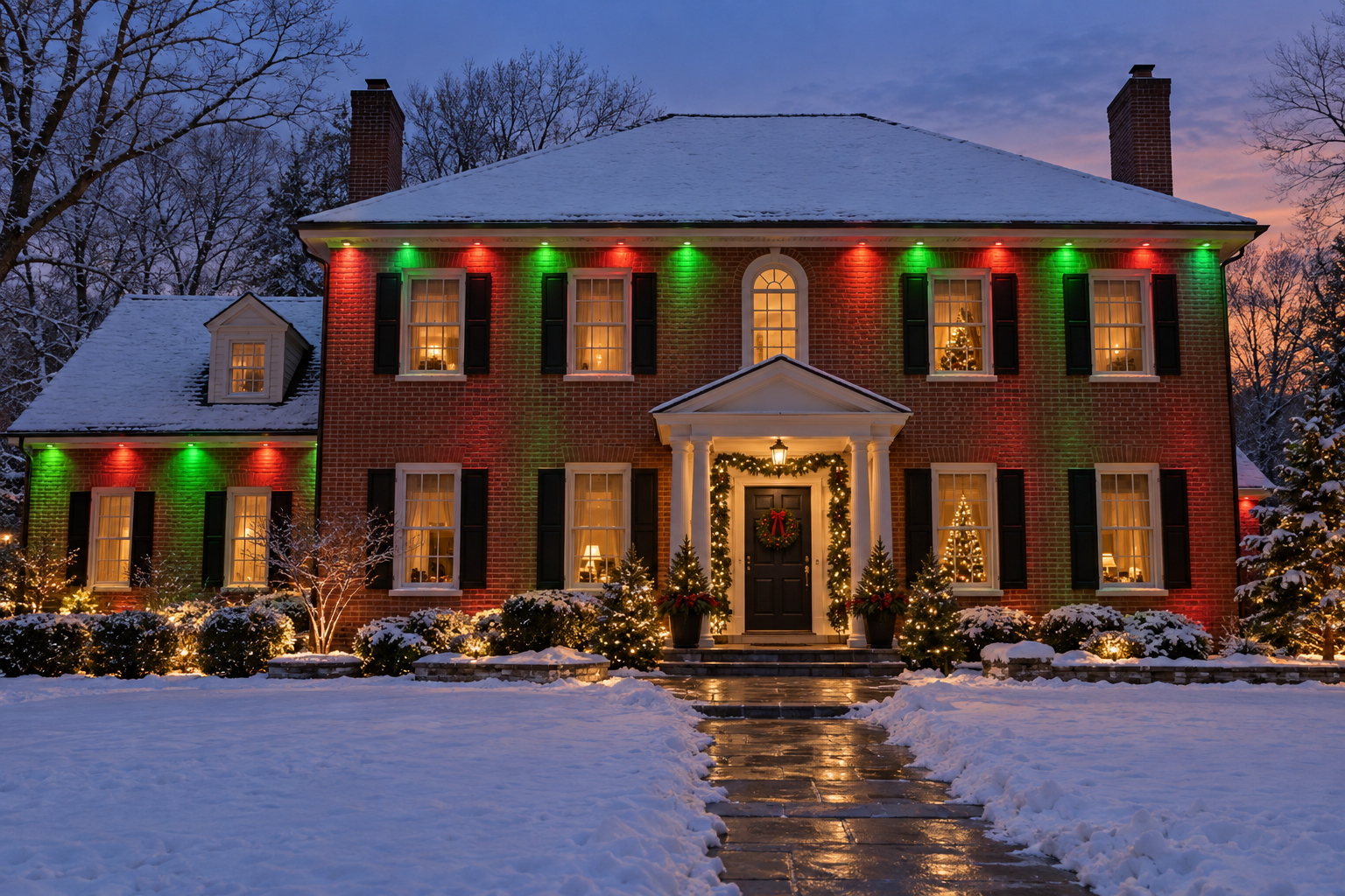 A brick home with red and green soffit lighting complemented by seasonal garland and greenery