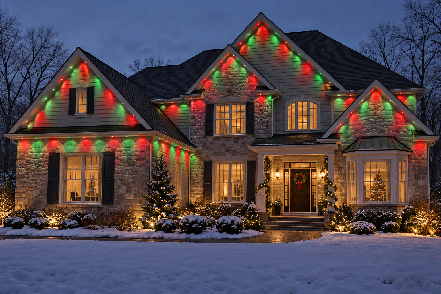 Red and green permanent soffit lighting washing a stone home, with seasonal garland and evergreen accents