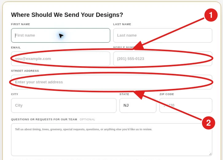 1: Enter Contact Details. 2: Enter The Installation Address. The Form Is Shown Blank For Privacy.