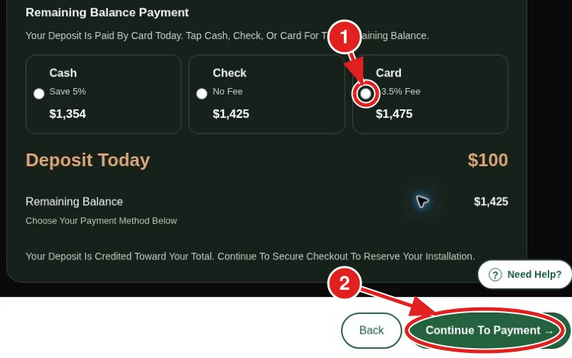 1: Choose A Remaining-Balance Payment Method. 2: Continue To Payment After Reviewing Your Deposit And Total.