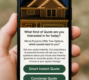 A hand holding a phone displaying a Christmas lighting preview and quote form